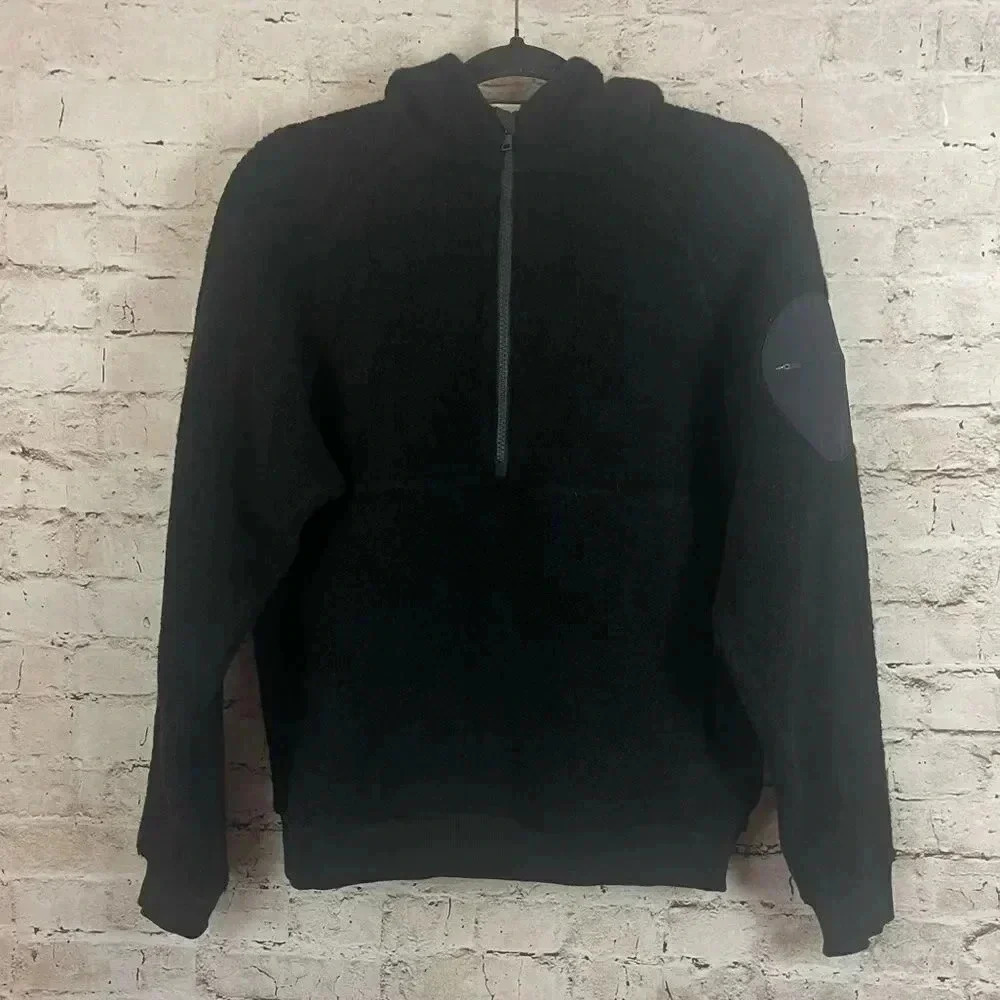 Outdoor Voices Womens XS MegaFleece 1/4 Zip Hoodie Sweatshirt Pockets Black Wool - Picture 2 of 11